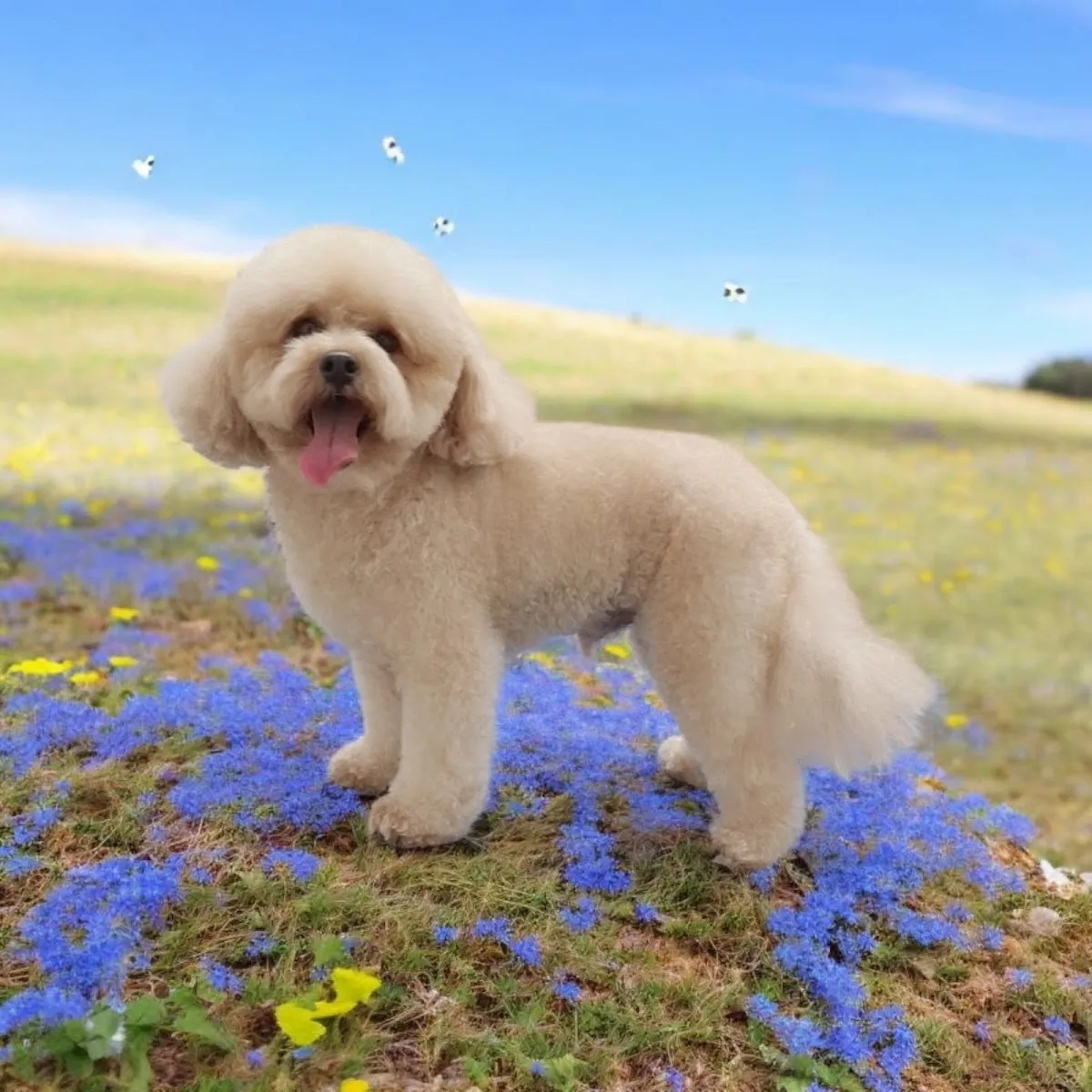 Cream poodle with a teddy bear cut standing in a field of flowers