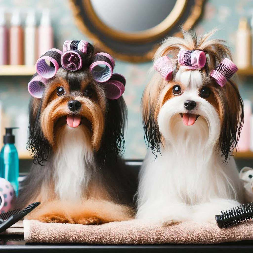 Two Yorkshire Terriers with pink hair rollers, a fun grooming style