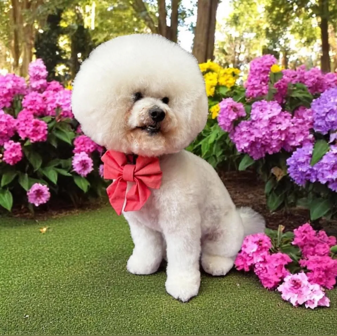 White Bichon Frise with teddy bear cut posing in a garden setting