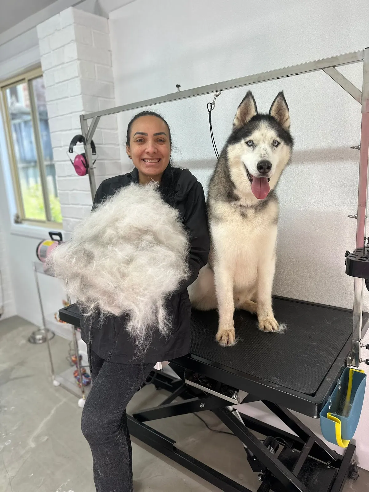 Groomer smiling beside a husky on a grooming table with a pile of shed undercoat visible during a de-shedding service