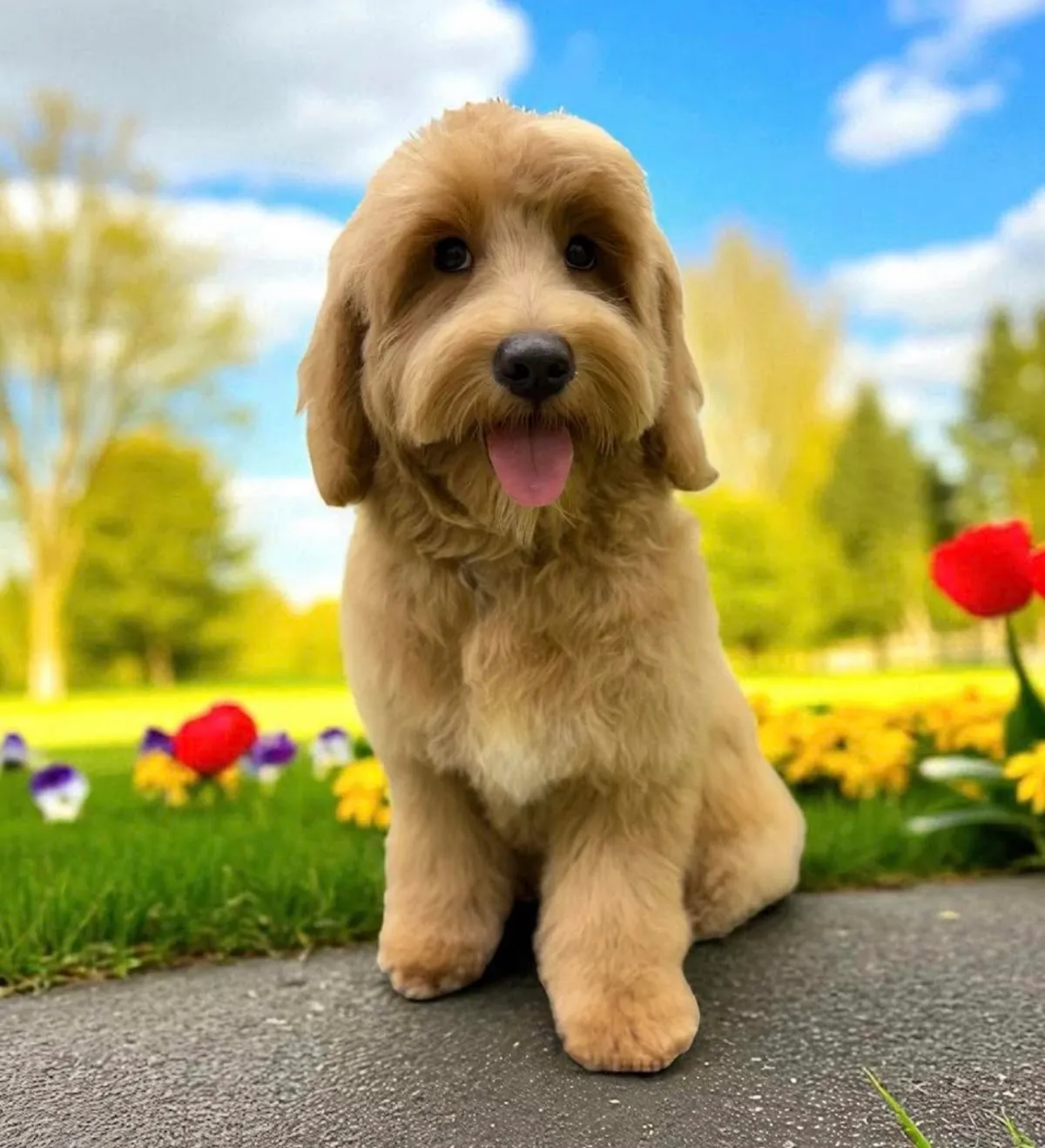Golden groodle with a teddy bear cut sitting in a park