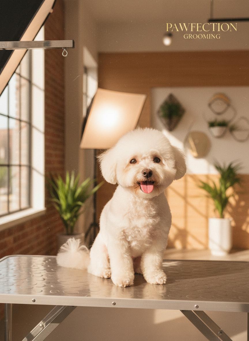 Happy dog on grooming table