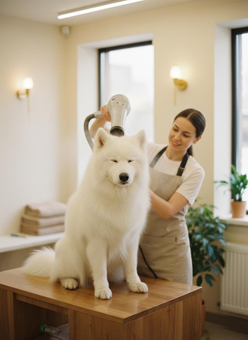 Groomer blow-drying dog