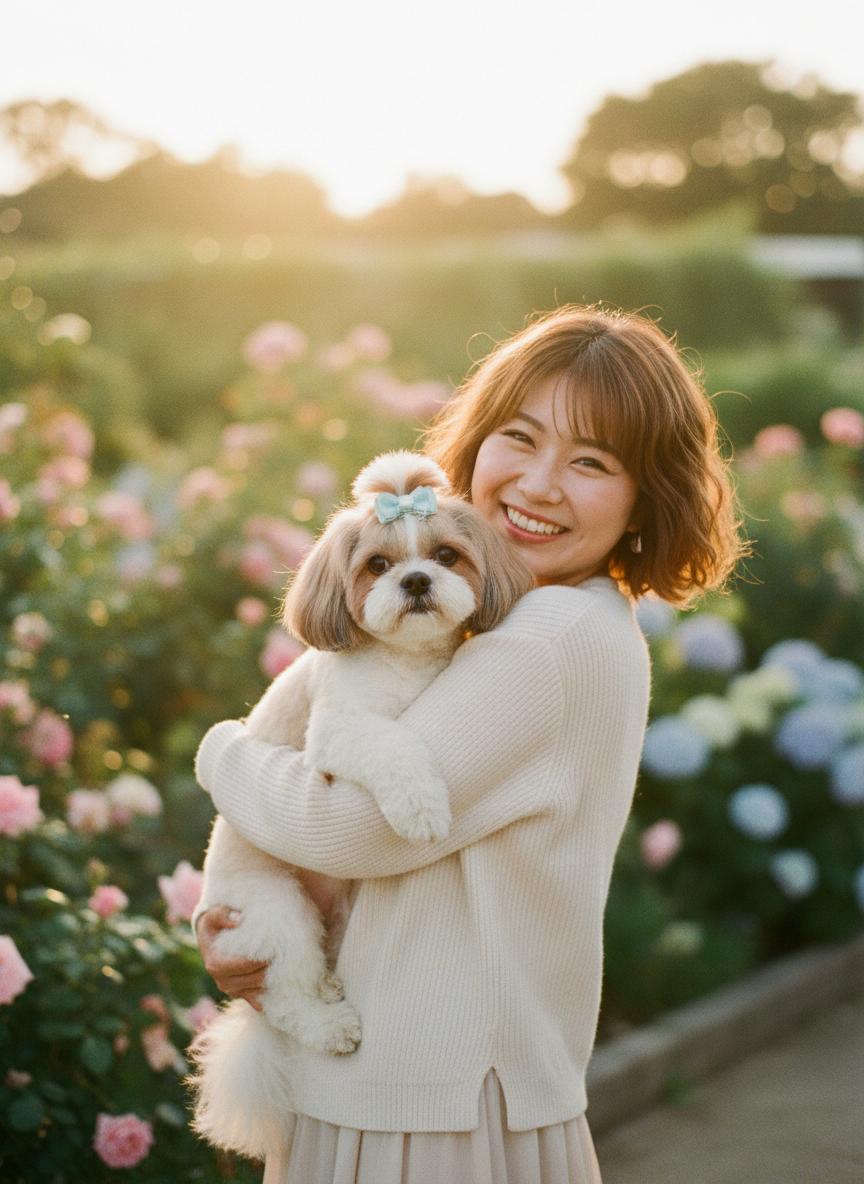 Owner hugging groomed dog
