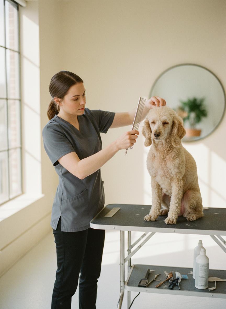 Groomer combing dog